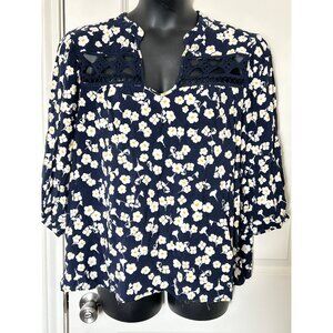 Floral Navy Blue Blouse With Crochet Detail & 3/4 Sleeves Size 3XL